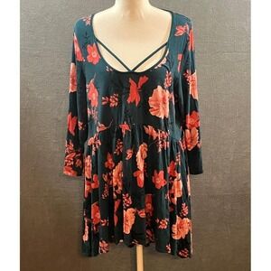 Torrid Super Soft Knits Floral Babydoll Tunic Top Teal Green Strappy Neck Size 0